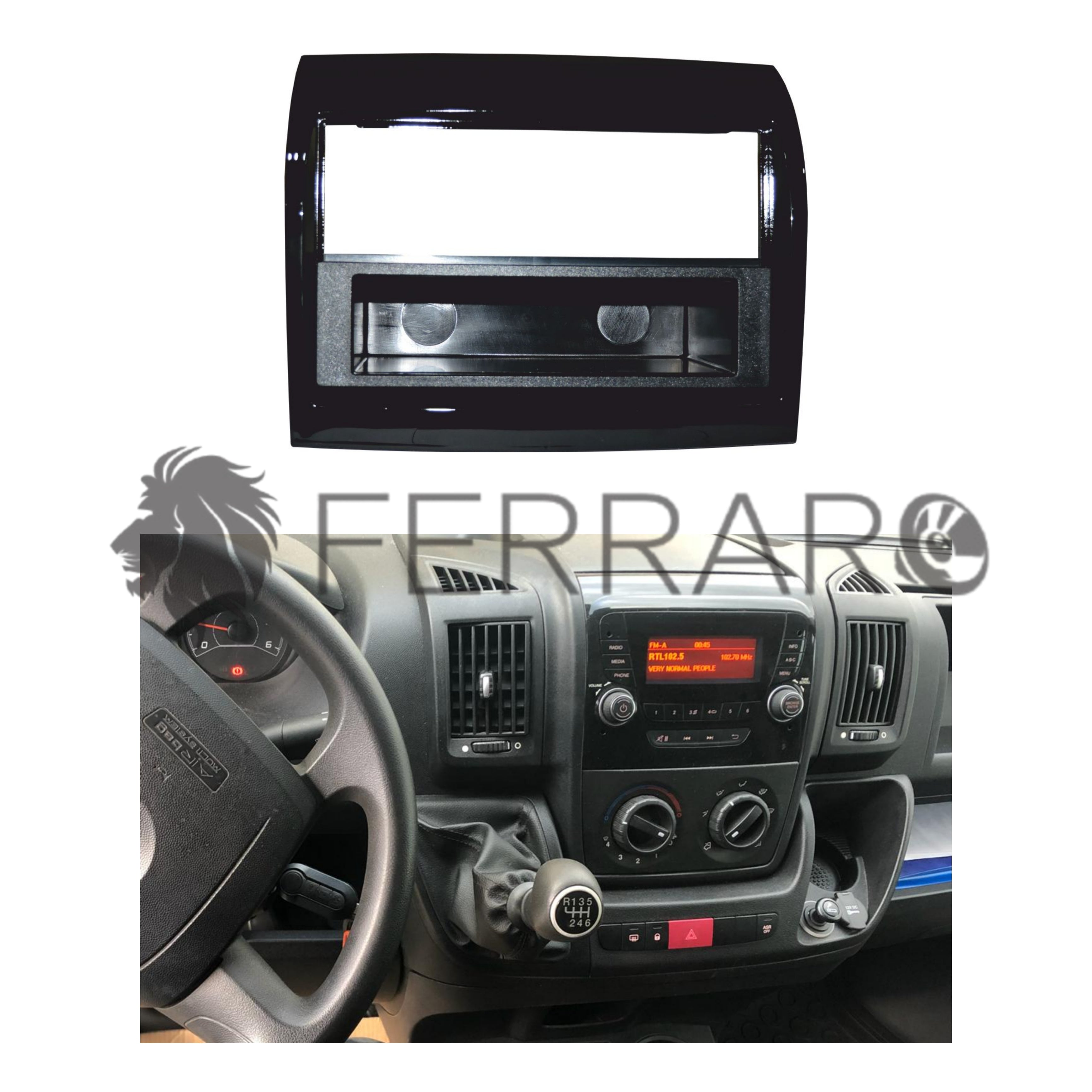 Mascherina 1DIN con Cassetto per Fiat Ducato, Citroen Jumper, Peugeot Partner, Nero Lucido