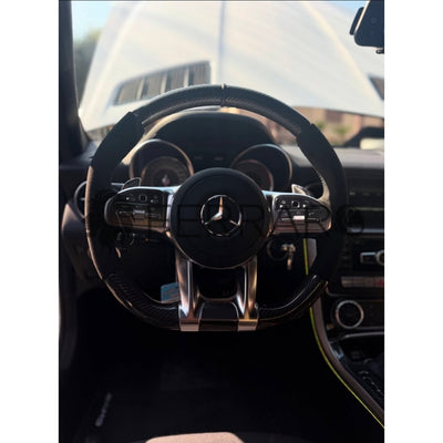 (PRENOTA)Volante per Mercedes, Carbonio Diagonale, Etichetta Pelle Nera, Filo Nero, Galvanica, AMG