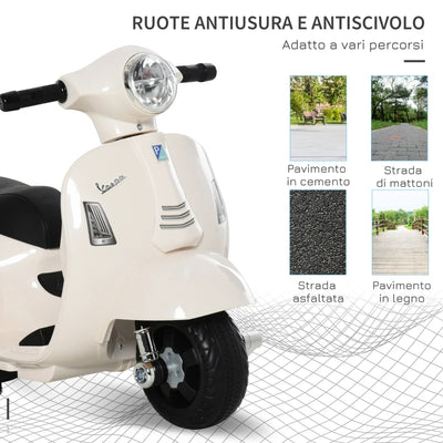 HOMCOM Moto Elettrica per Bambini con Licenza Ufficiale Vespa Batteria 6V, Fari e Clacson, per Bimbi da 18-36 mesi, Bianco, 66.5x38x52cm