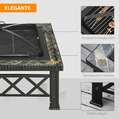 Outsunny Braciere da Giardino con Coperchio Parascintille e Griglia per Barbecue in Metallo 76x76x47cm Nero