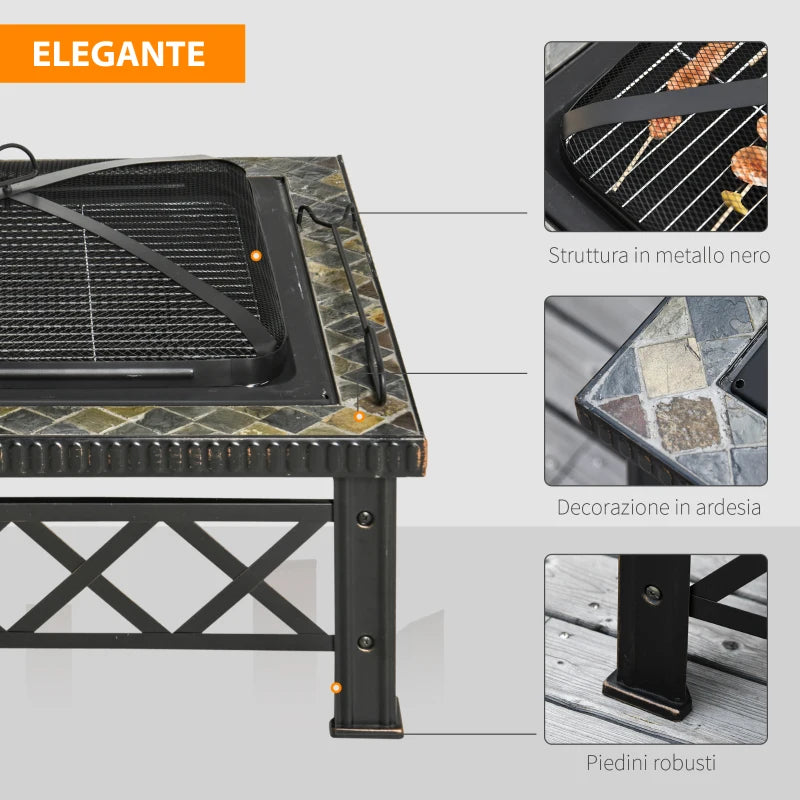 Outsunny Braciere da Giardino con Coperchio Parascintille e Griglia per Barbecue in Metallo 76x76x47cm Nero