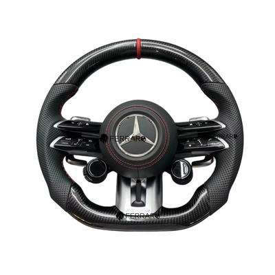 (PRENOTA) Volante per Mercedes, Carbonio Diagonale, Etichetta Rossa, Punzonatura, Galvanica, Linea Rossa, Pomelli AMG