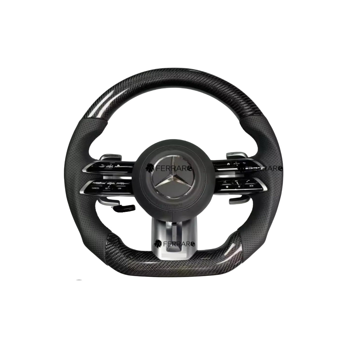 (PRENOTA) Volante per Mercedes, Carbonio Nero, Logo Argento, Punzonatura, Galvanica, Filo Nera, AMG