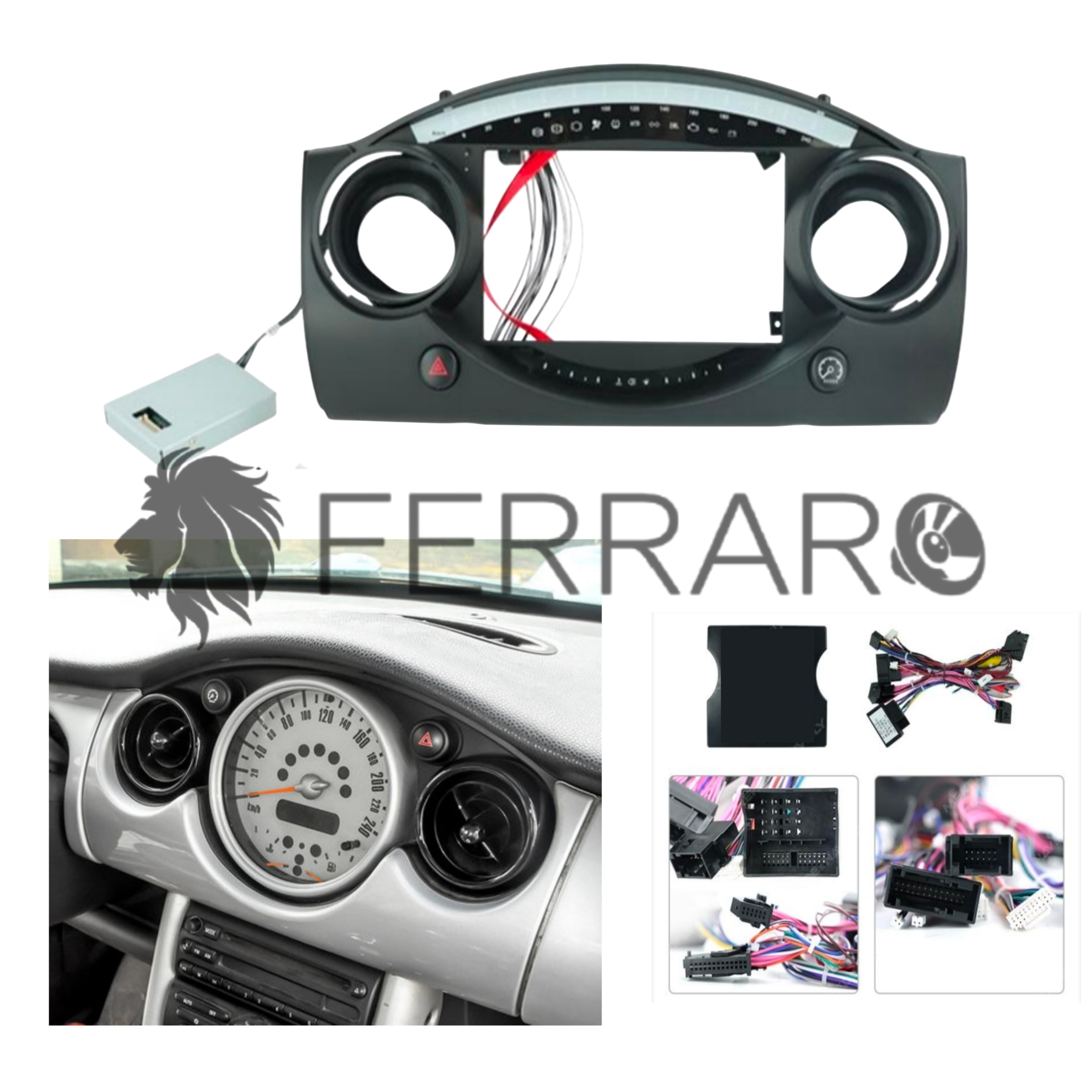 (PRENOTA) Kit Montaggio Autoradio 9"Pollici Mini Cooper R50, R52, R53 (2000-2006), Mascherina, Cablaggio per Autoradio Android