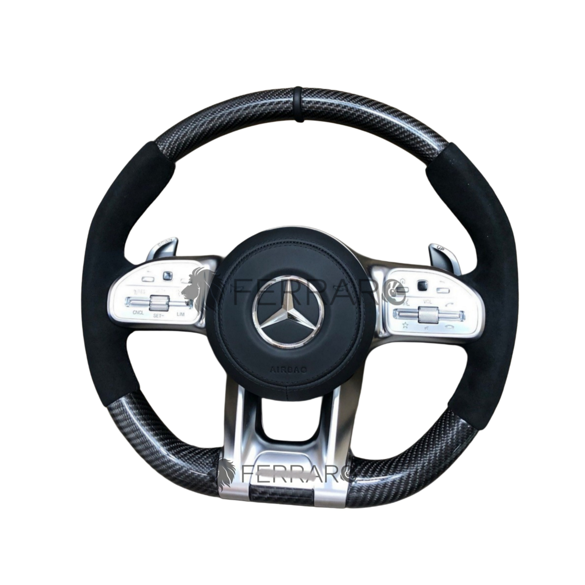 (PRENOTA)Volante per Mercedes, Carbonio Diagonale, Etichetta Pelle Nera, Filo Nero, Galvanica, AMG