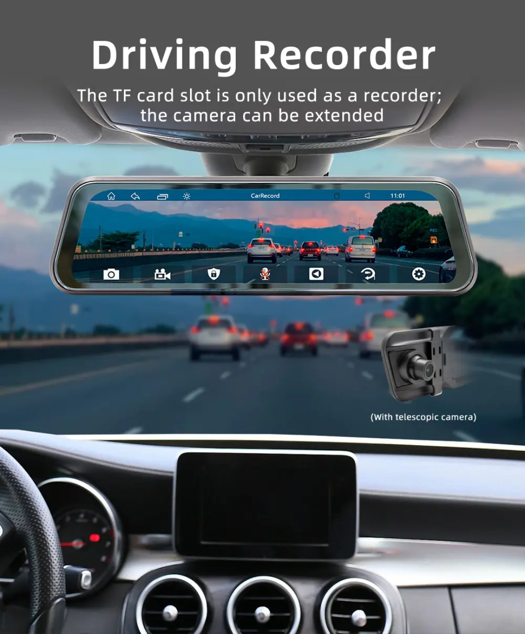 Specchietto Retrovisore 9.86", CarPlay e Android Auto, DVR, MirrorLink, Bluetooth