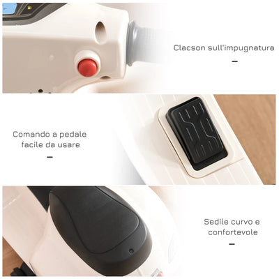 HOMCOM Moto Elettrica per Bambini con Licenza Ufficiale Vespa Batteria 6V, Fari e Clacson, per Bimbi da 18-36 mesi, Bianco, 66.5x38x52cm