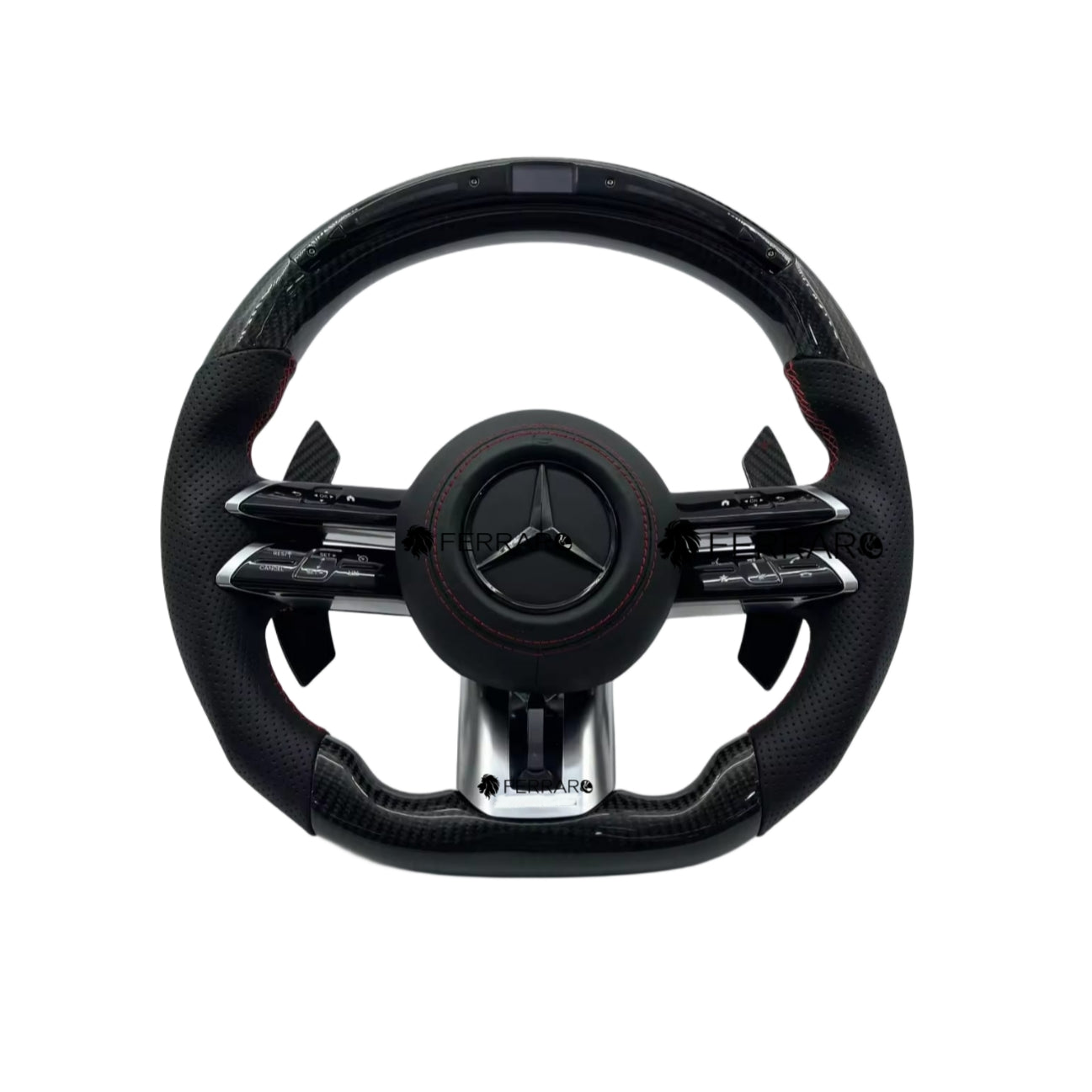(PRENOTA) Volante per Mercedes, Carbonio Diagonale, LED, Etichetta Rossa, Punzonatura Nera, Galvanica, Coda di Rondine AMG