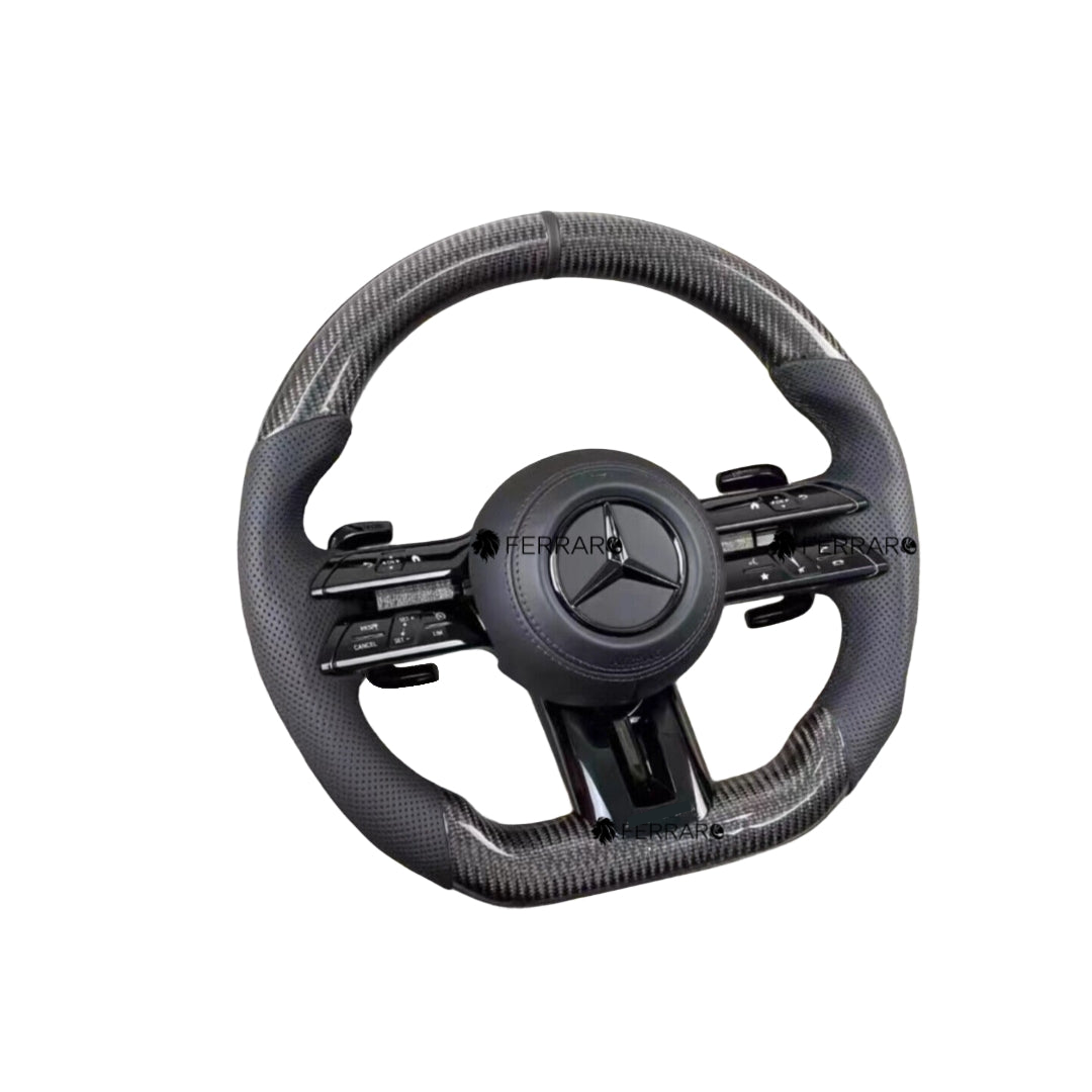 (PRENOTA) Volante per Mercedes, Carbonio Nero, Logo Nero, Perforata, Linea Nera, AMG