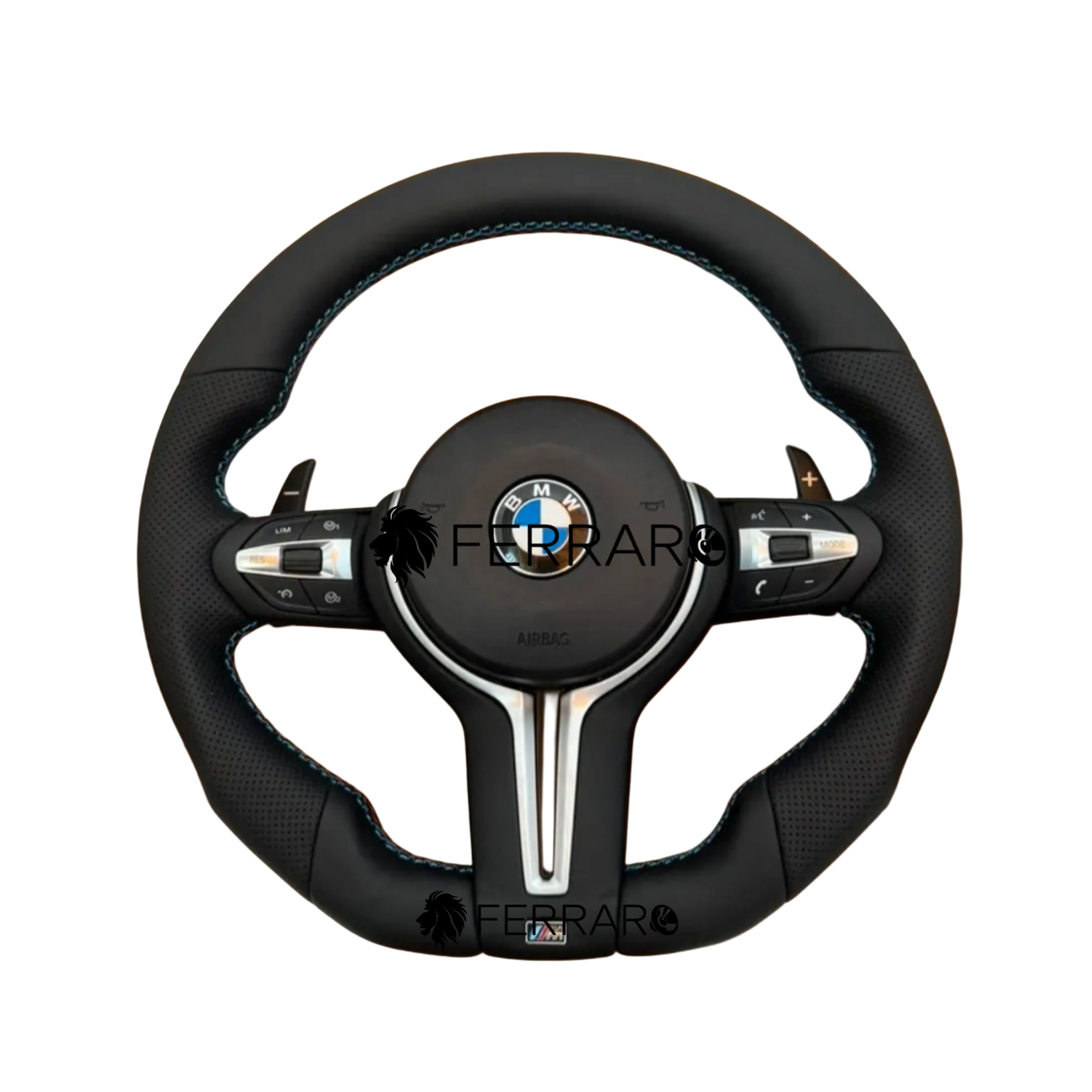 (PRENOTA) Volante per BMW, Pelle Nera, Filo Tricolore, Sport