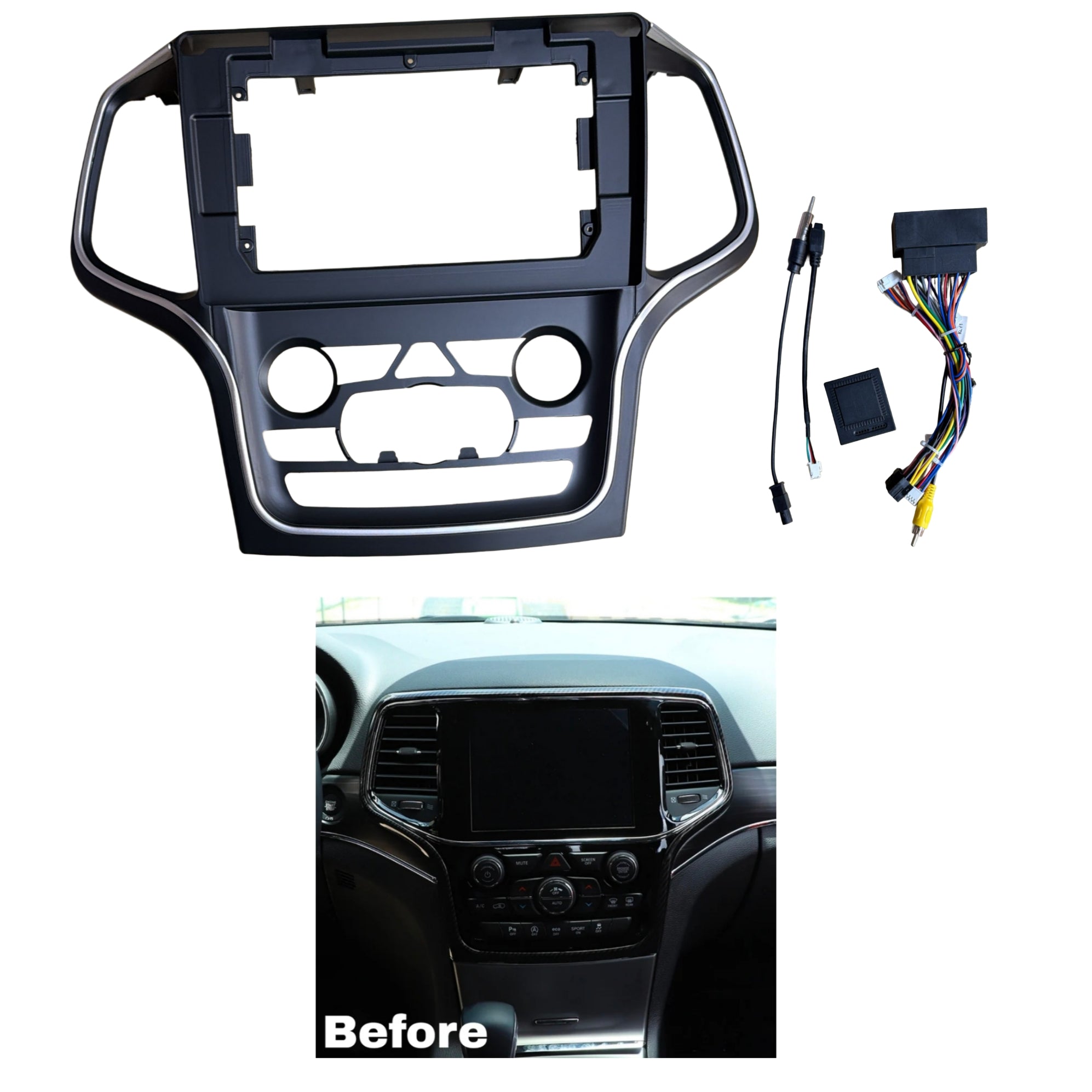 Kit Montaggio Autoradio 10.1" Pollici, Jeep Grand Cherokee (WK2) Grigia (2014-2021) Mascherina, Cablaggio, per Autoradio Android