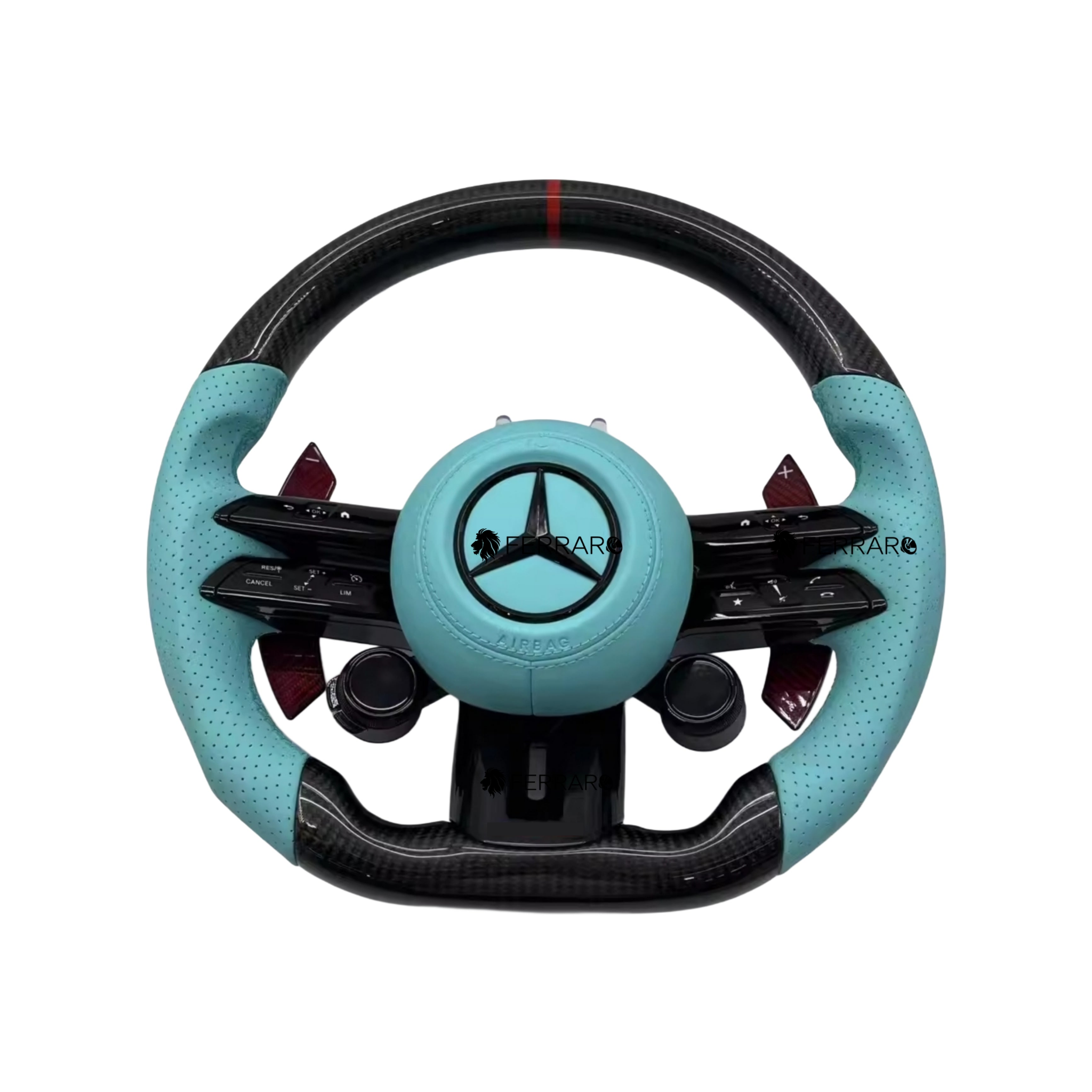 (PRENOTA) Volante per Mercedes, Carbonio Diagonale, Etichetta Rossa, Punzonatura Blu Tiffany, AMG