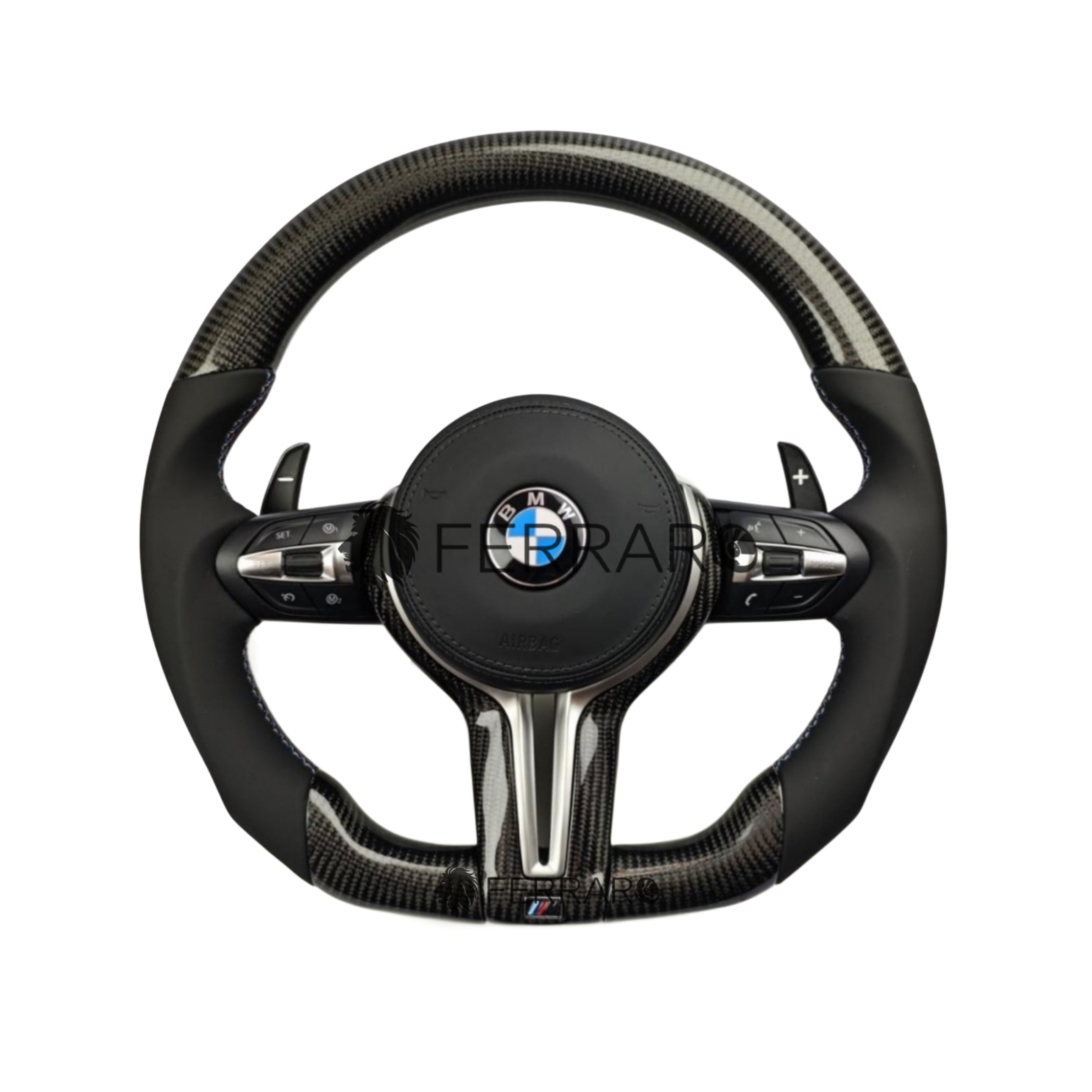 (PRENOTA) Volante per BMW, Carbonio Obliquo, Pelle Nera, Filo Tricolore