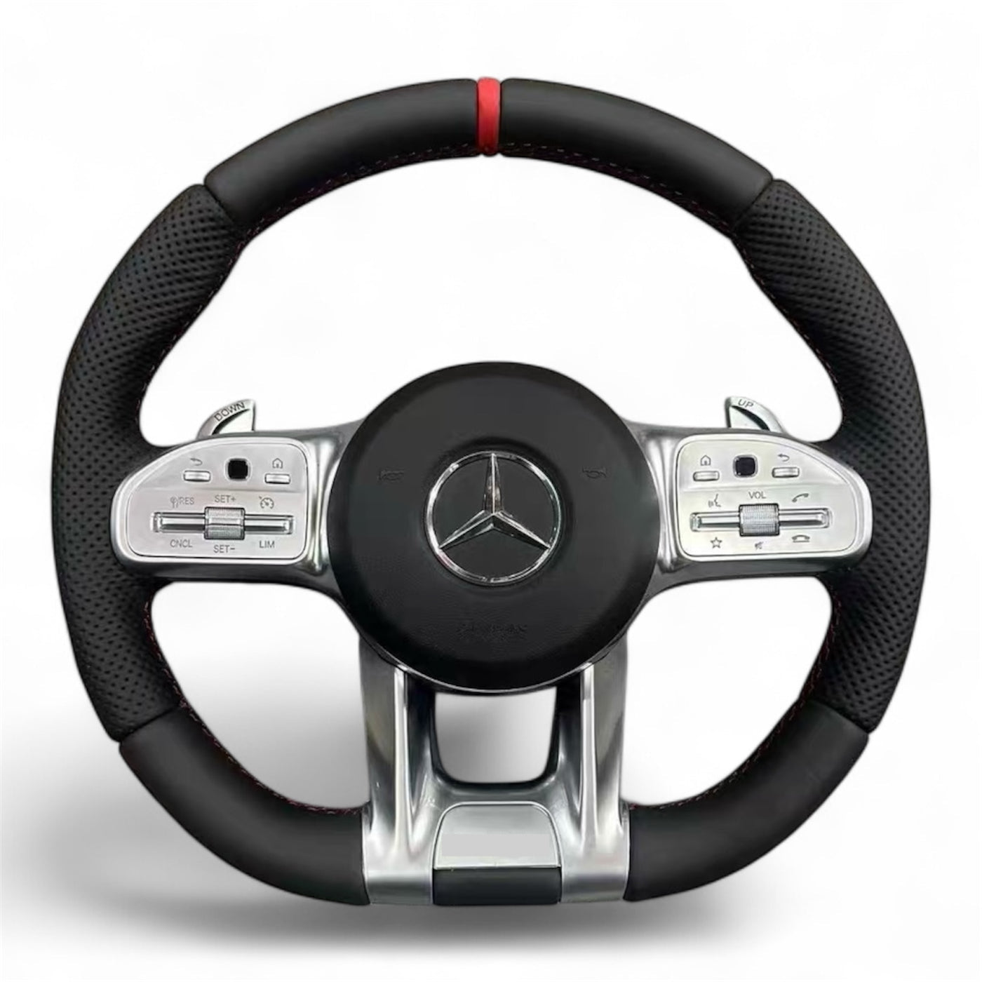 (PRENOTA) Volante per Mercedes, Etichetta Rossa, Pelle Nera, Filo Nero, AMG