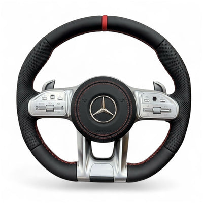 (PRENOTA) Volante per Mercedes, Etichetta Rossa, Pelle Nera, Filo Rosso, AMG