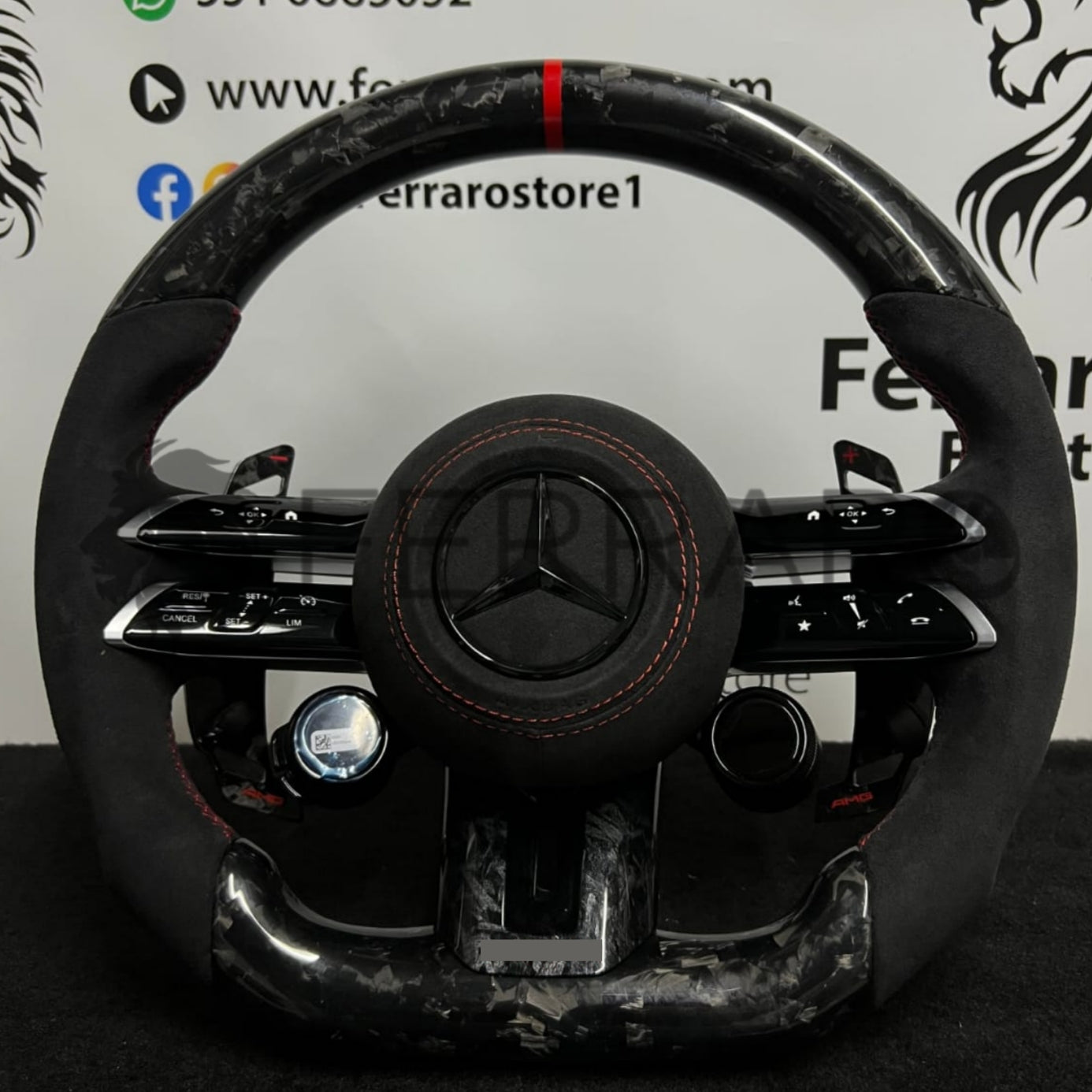 (PRENOTA) Volante per Mercedes, Carbonio Diagonale, Pelle Scamosciata, Galvanica, Linea Rossa, Pomelli AMG