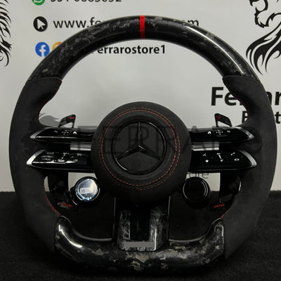 (PRENOTA) Volante per Mercedes, Carbonio Diagonale, Pelle Scamosciata, Galvanica, Linea Rossa, Pomelli AMG