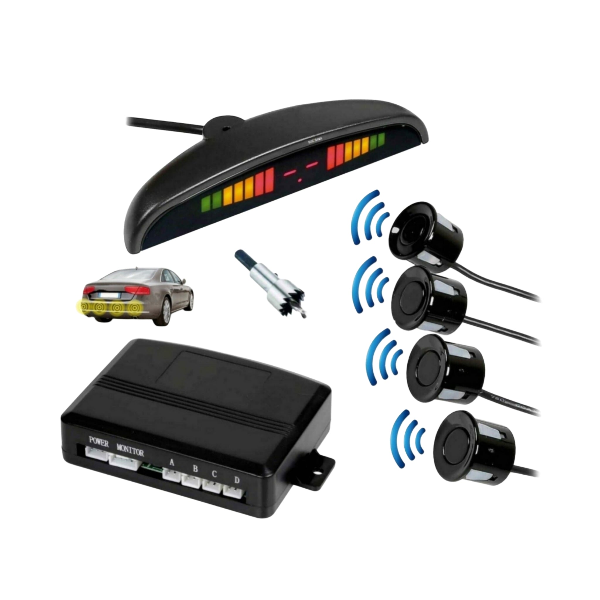 Parking Sensors - LED Display, Audible Warning, Reverse Gear, Capsule Kit.