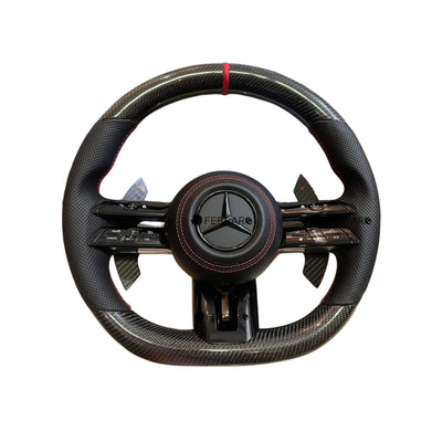 (PRENOTA) Volante per Mercedes, Carbonio Diagonale, Etichetta Rossa, Punzonatura Nera, Palette Coda di Rondine, Linea Bianca, AMG