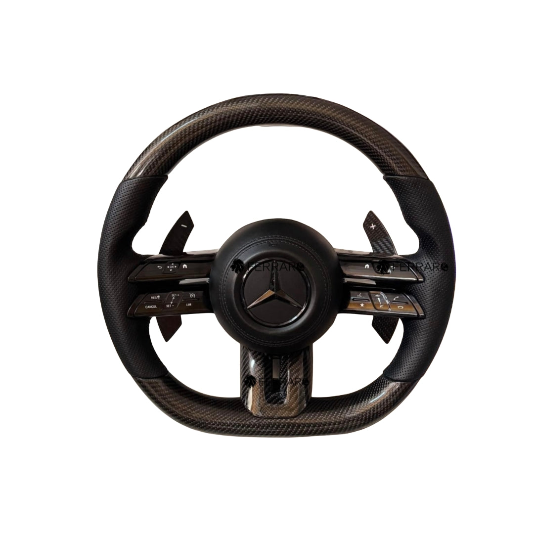 (PRENOTA) Volante per Mercedes, Carbonio, Logo Nero, Punzonata, Paddle Nero, Linea Nera, AMG