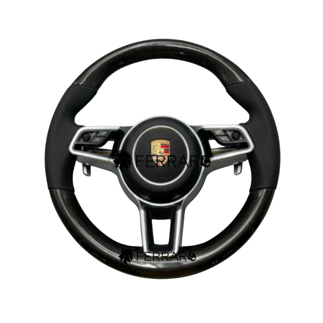 (PRENOTA) Volante per Porsche, Carbonio Diagonale, Paletta Corta, Senza Etichetta, Galvanica, Pelle Nera, Filo Nero