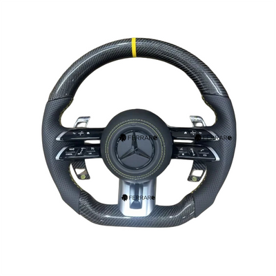 (PRENOTA) Volante per Mercedes, Carbonio Diagonale, Logo Nero, Punzonatura Nera, Palette Carbonio Gialle +-, Linea Gialla, AMG