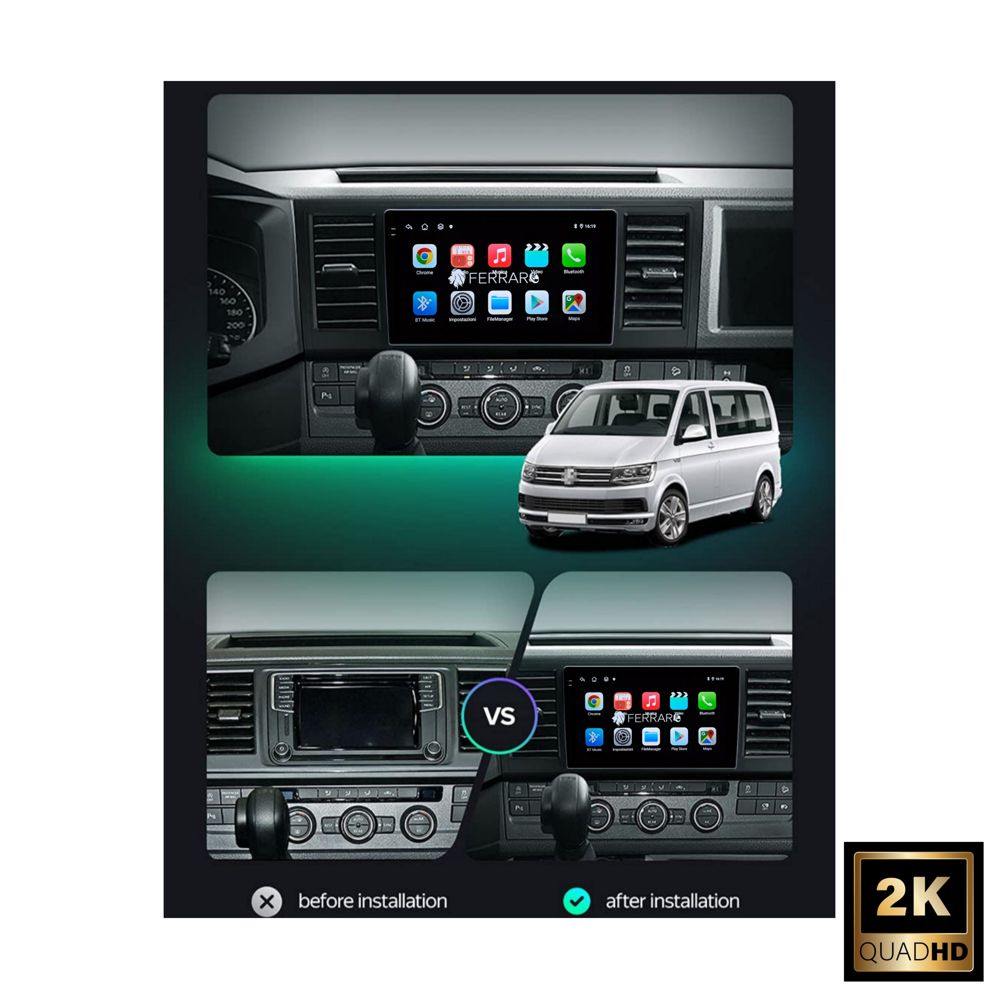 Autoradio per Volkswagen Trasporter 6 T6.1 9" 2K | 2015-2024 | Android | Bluetooth | CarPlay | Android Auto | 12/256GB Ram