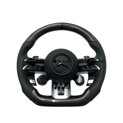 (PRENOTA) Volante per Mercedes, Carbonio Diagonale, Etichetta Nera, Linea Gialla, Punzonatura, Pomelli, AMG