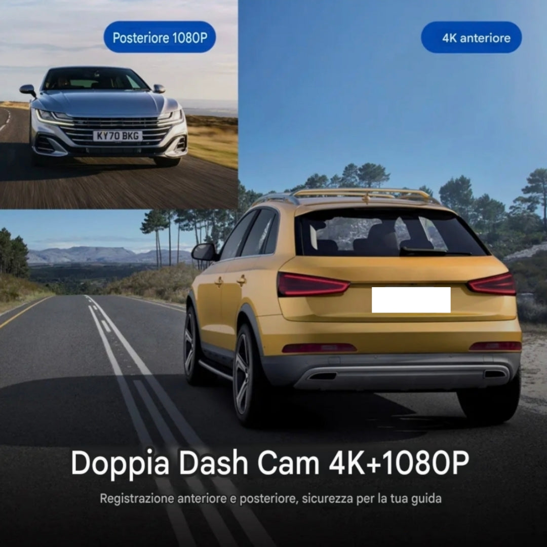 Dashcam Auto 4K Ultra HD Doppia Telecamera, Wi-Fi, App e Camera Posteriore Quadrata