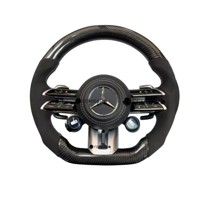 (PRENOTA) Volante per Mercedes, Carbonio Diagonale, Pelle Scamosciata, Galvanica, Linea Bianca, Pomelli AMG