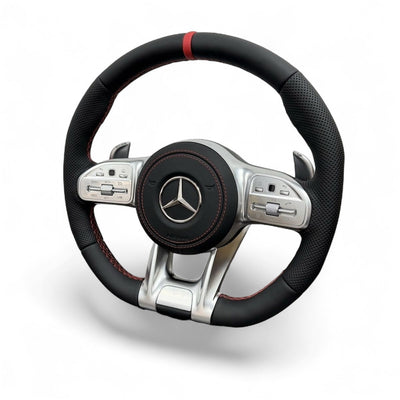 (PRENOTA) Volante per Mercedes, Etichetta Rossa, Pelle Nera, Filo Rosso, AMG