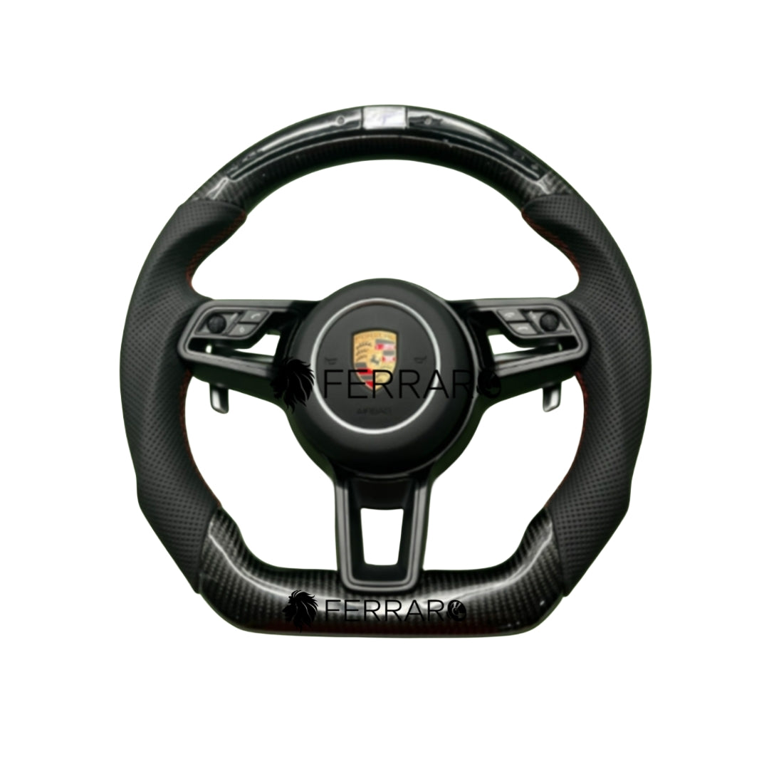(PRENOTA) Volante per Porsche, Carbonio Diagonale, Paletta Corta, Perforata, LED , Pelle Nera, Filo Nero