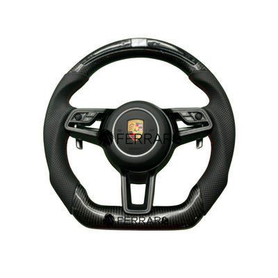 (PRENOTA) Volante per Porsche, Carbonio Diagonale, Paletta Corta, Perforata, LED , Pelle Nera, Filo Nero