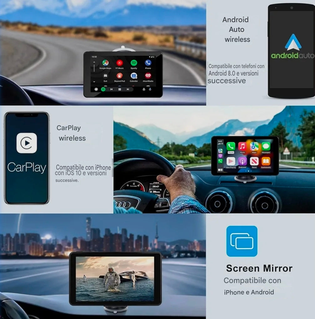 Monitor Universale 7"Pollici, Portatile, Plug and Play, Car Play e Android Auto, BT, Radio
