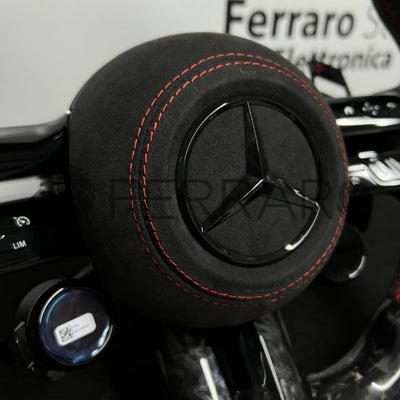 (PRENOTA) Volante per Mercedes, Carbonio Diagonale, Pelle Scamosciata, Galvanica, Linea Rossa, Pomelli AMG