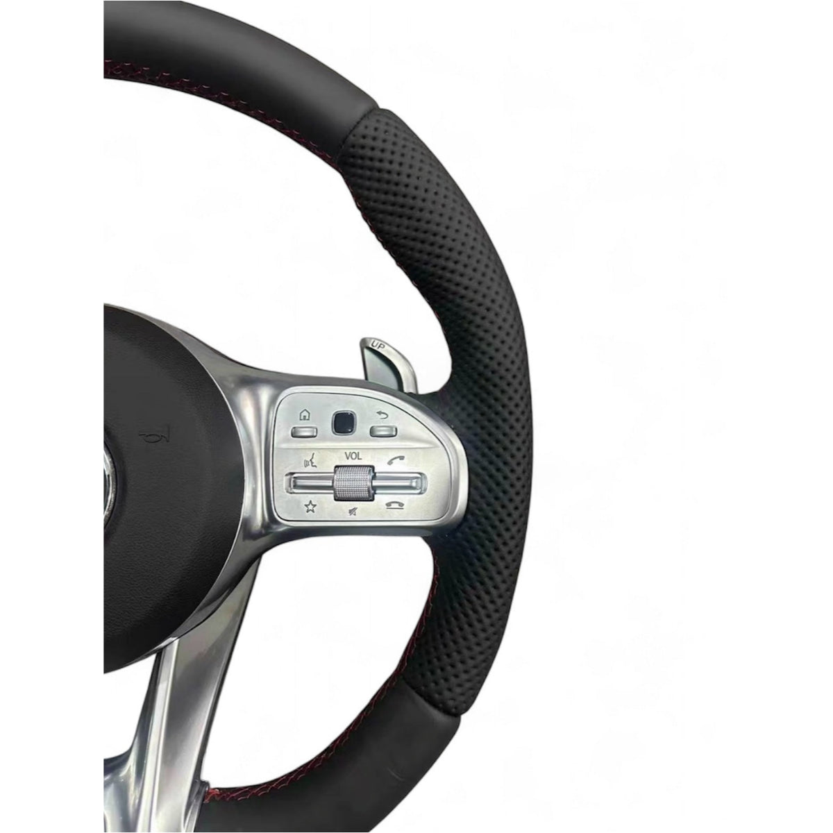 (PRENOTA) Volante per Mercedes, Etichetta Rossa, Pelle Nera, Filo Nero, AMG