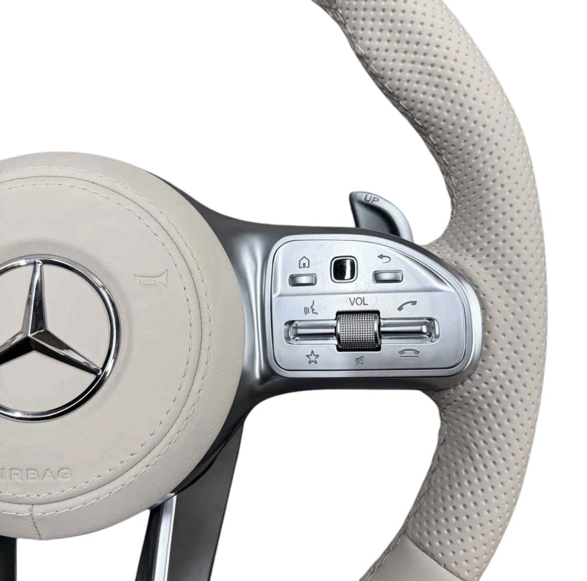 (PRENOTA) Volante per Mercedes, Etichetta Beige, Pelle Beige, Filo Beige, AMG