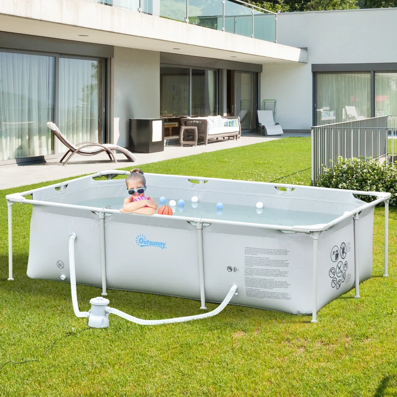 Outsunny Piscina Fuori Terra Autoportante, Piscina Rigida Rettangolare con Filtro e Valvola in Acciaio e PVC, Grigio, 252x152x65cm