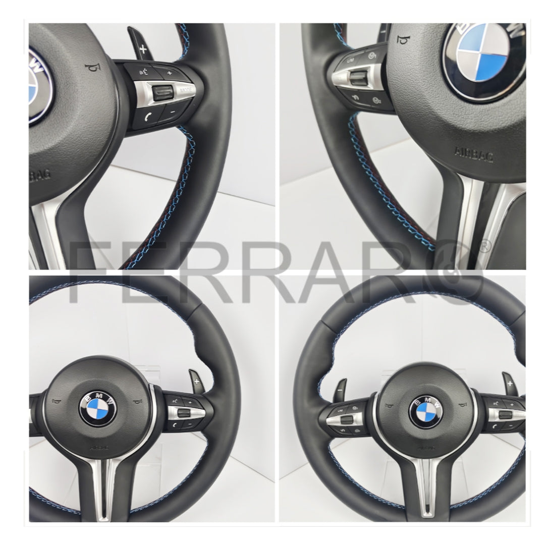 (PRENOTA) Volante per BMW, Pelle Nera, Cromatura, Filo Multicolore
