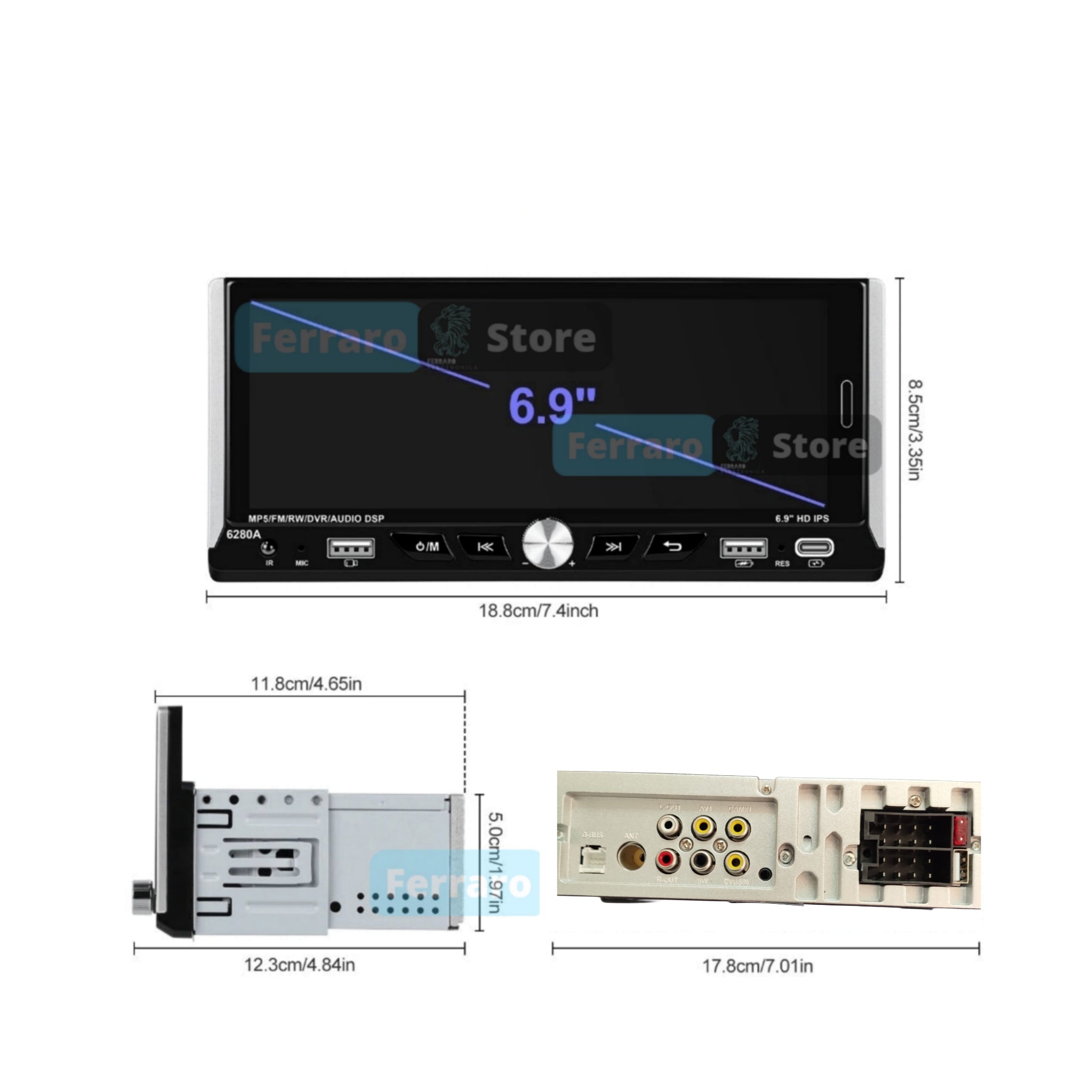Autoradio Universale Fisso, 1Din 6.9"Pollici, Bluetooth, CarPlay, Android Auto