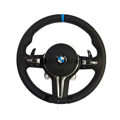 (PRENOTA) Volante per BMW, Pelle Nera, Linea Tricolore, Etichetta Blu