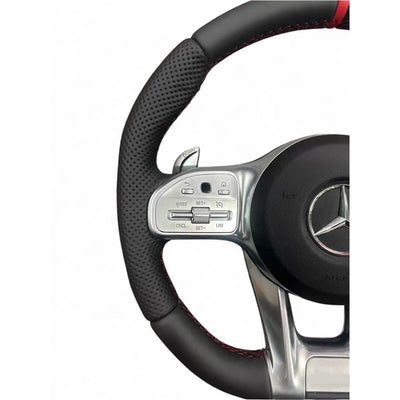 (PRENOTA) Volante per Mercedes, Etichetta Rossa, Pelle Nera, Filo Nero, AMG