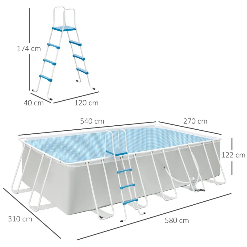 Outsunny Piscina Fuori Terra in Acciaio e PVC Rinforzato con Filtro, 580x310x122cm, Grigio Chiaro