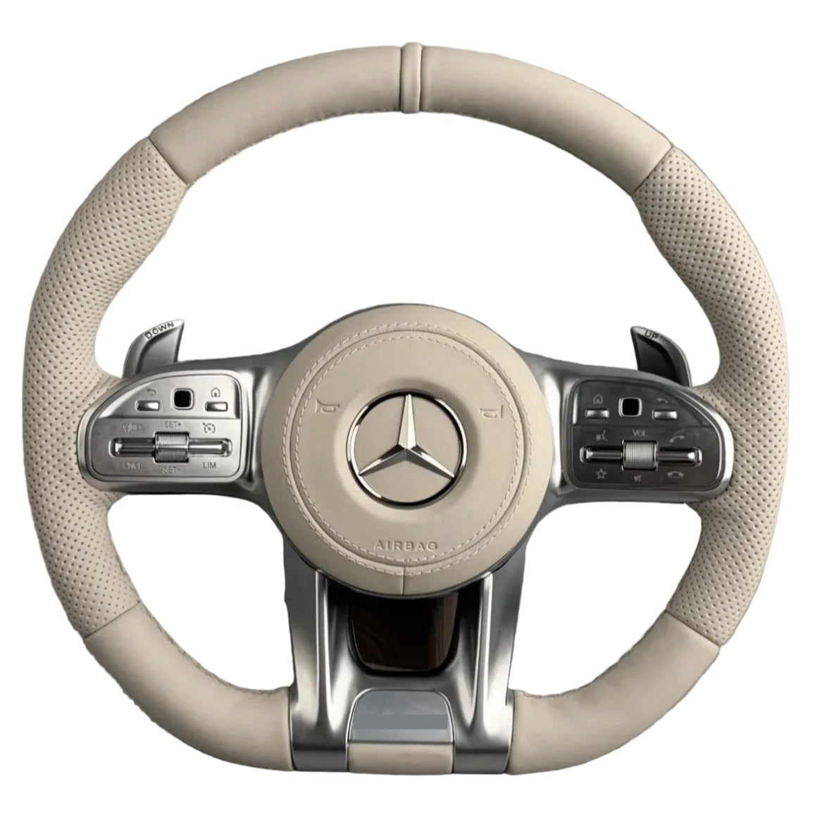 (PRENOTA) Volante per Mercedes, Etichetta Beige, Pelle Beige, Filo Beige, AMG