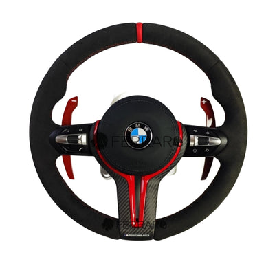 (PRENOTA) Volante per BMW, Nero Flip, Linea Rossa, Etichetta Rossa, Galvanotecnica, Esterno Carbonio, Paddle Rosso, Performance