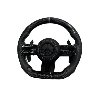 (PRENOTA) Volante per Mercedes, Carbonio Diagonale, Etichetta Bianca, Punzonatura Nera, Palette Coda di Rondine, Linea Bianca, AMG