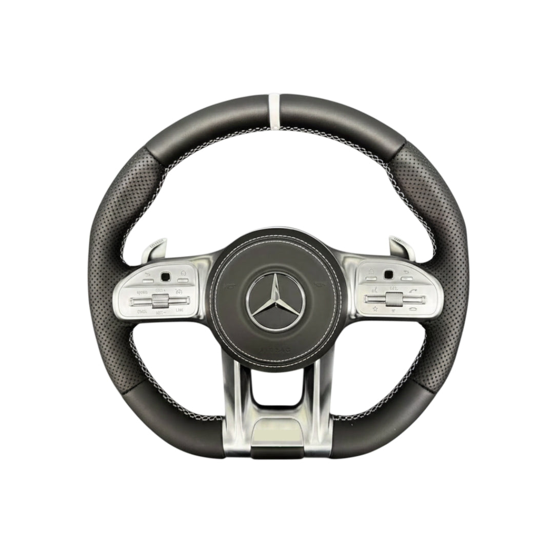 (PRENOTA) Volante per Mercedes, Etichetta Bianca, Pelle Nera, Filo Bianco, AMG