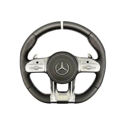 (PRENOTA) Volante per Mercedes, Etichetta Bianca, Pelle Nera, Filo Bianco, AMG