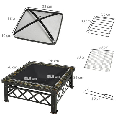 Outsunny Braciere da Giardino con Coperchio Parascintille e Griglia per Barbecue in Metallo 76x76x47cm Nero