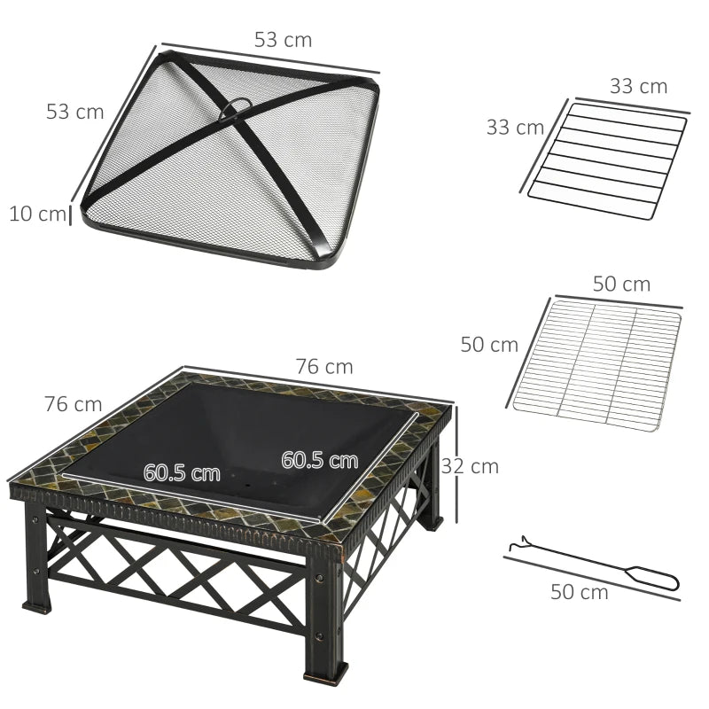 Outsunny Braciere da Giardino con Coperchio Parascintille e Griglia per Barbecue in Metallo 76x76x47cm Nero